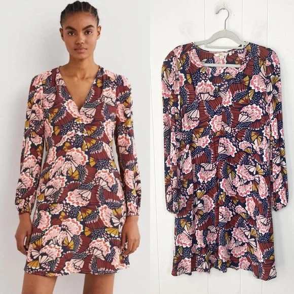 Boden V-Neck Tea Dress Flower Butterfly Petal Stamp Boho Print Dress US 12 - Picture 1 of 10